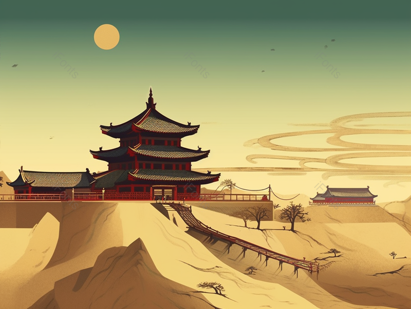 沙坡敦煌古城西北沙漠中国传统古典主义国潮插画,插画/手绘图,插画/手绘图库,插画/手绘图下载,插画/手绘